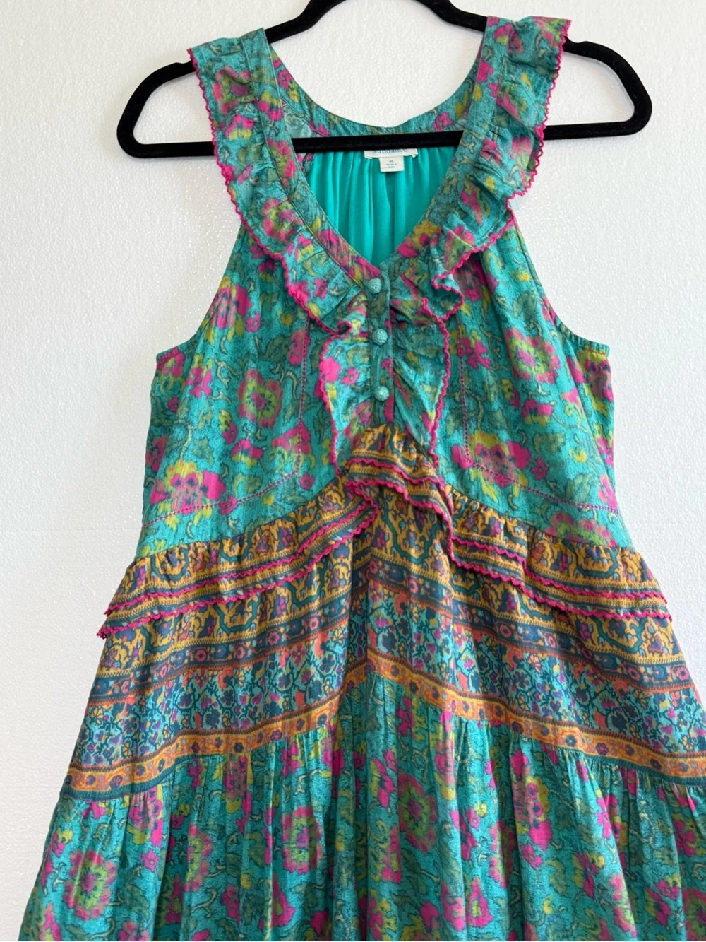 Sundance Dalis Ruffles Sleeveless Midi Dress Teal Turquoise Floral V Neck Size M